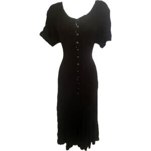 Vintage Passports of Pier 1 Imports Black Button Up MIDI Flowy Dress 90’s Women’